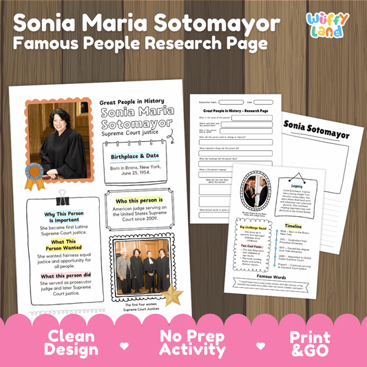 Sonia Maria Sotomayor Famous People Research Page Worksheets