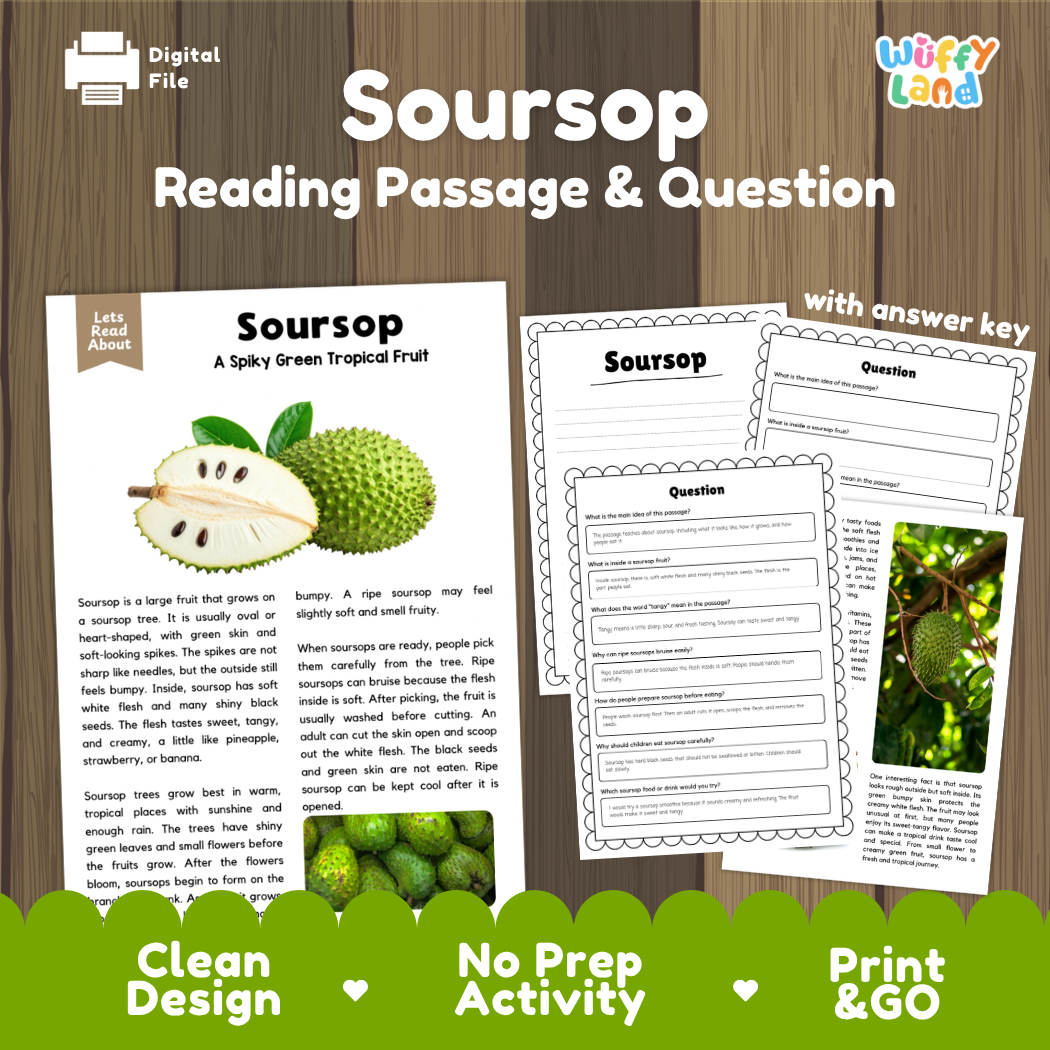 Soursop reading comprehension passage and questions printable activity pack with answer key for elementary students