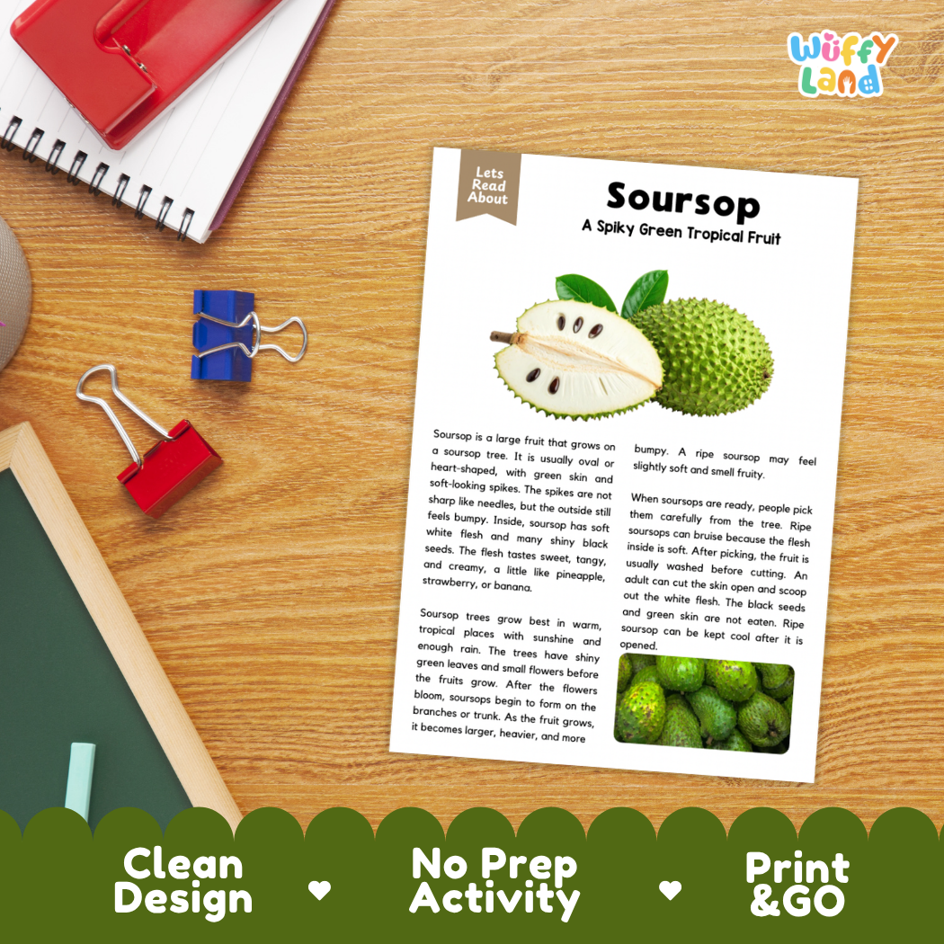 Student reading comprehension worksheet with short-answer questions and lined sections about the soursop fruit