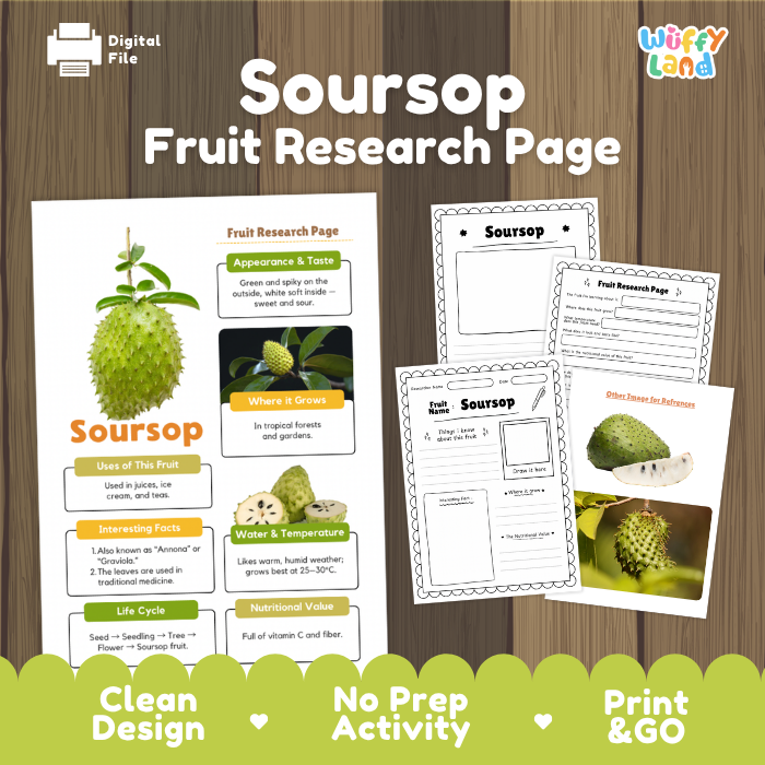A digital preview of a 'Soursop Fruit Research Page' activity sheet set on a dark wood background. The image shows the main printed page, two worksheet pages, and a digital file icon.