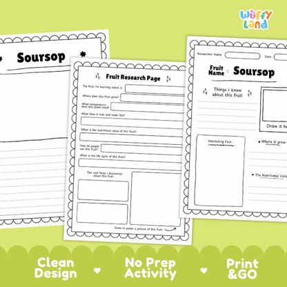 Three printable worksheet pages for fruit research are shown on a light green background with decorative text at the bottom. The pages include headings like 'Soursop' and 'Fruit Research Page' with writing areas and drawing boxes.