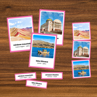 South America continent study cards with 28 landmarks for Montessori geography lessons, homeschool and classroom activities