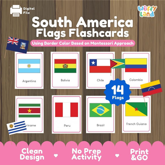 South America countries and flags learning flashcards with 14 cards for classroom, homeschool and Montessori geography activities