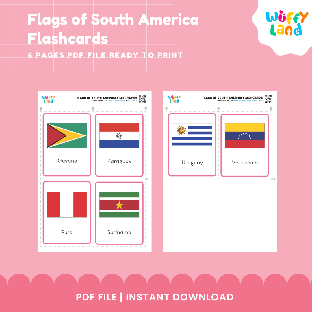 Printable South America country flag learning cards for kids designed for country identification, visual recognition and geography practice