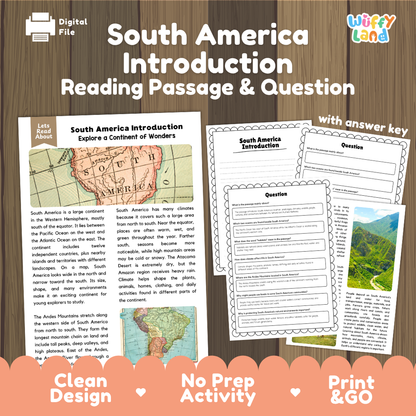 South America Introduction reading comprehension passage and questions printable activity pack with answer key for elementary students