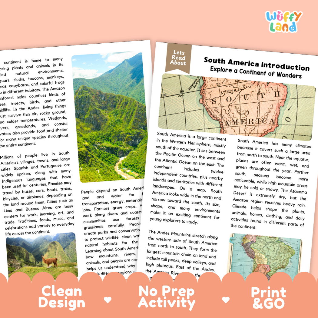 Teacher answer key page showing complete question solutions for South America geography social studies reading comprehension practice