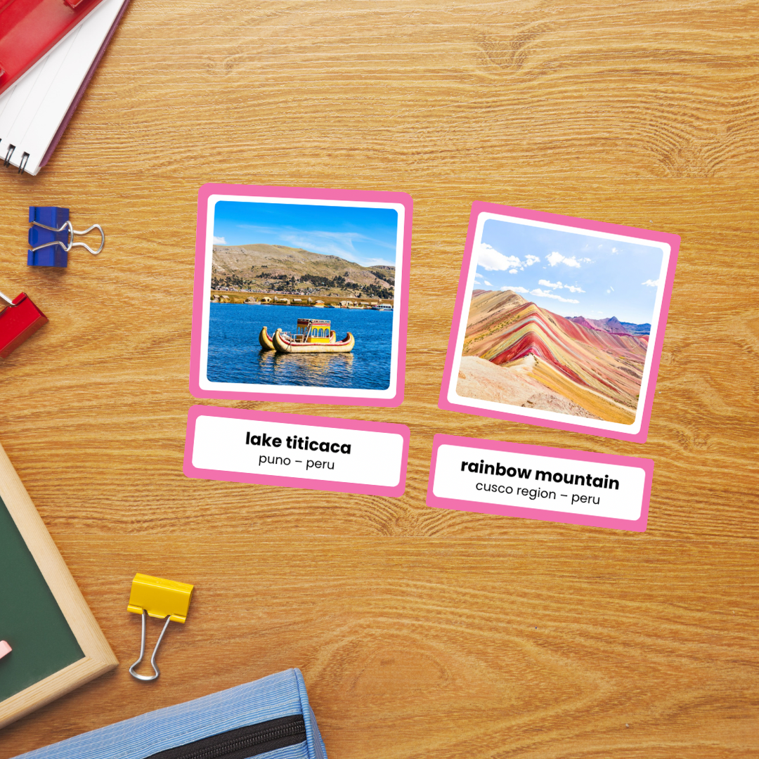 Printable South America landmark vocabulary cards with real photographs and location labels for geography and cultural studies