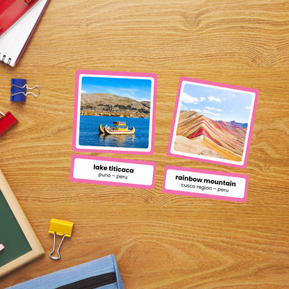 Printable South America landmark vocabulary cards with real photographs and location labels for geography and cultural studies
