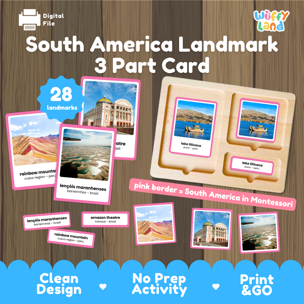 Printable South America landmarks Montessori 3-part cards featuring 28 famous landmarks with real photographs for geography learning