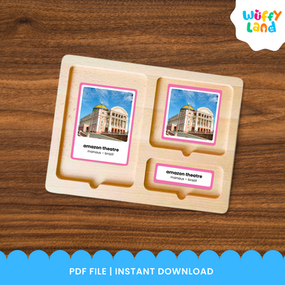 Printable South America landmarks matching cards with picture cards, label cards and control cards for hands-on Montessori learning