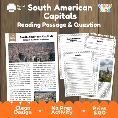 South American Capitals reading comprehension passage and questions printable activity pack with answer key for elementary students