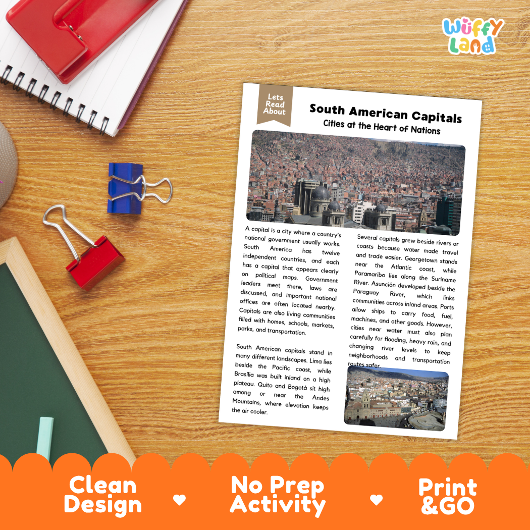 Student reading comprehension worksheet with short-answer questions and lined sections about South American capital cities