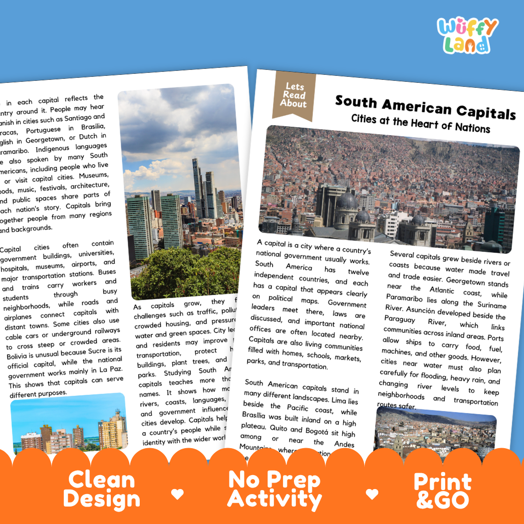 Teacher answer key page showing complete question solutions for South American capitals social studies reading comprehension practice