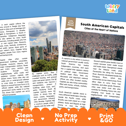 Teacher answer key page showing complete question solutions for South American capitals social studies reading comprehension practice