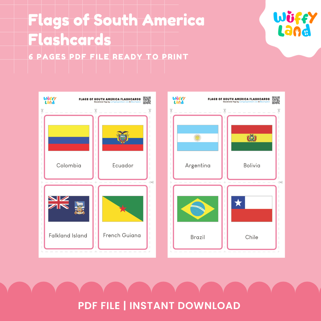 South American countries and flags geography cards featuring Argentina, Bolivia, Chile, Colombia, Peru, Brazil and more