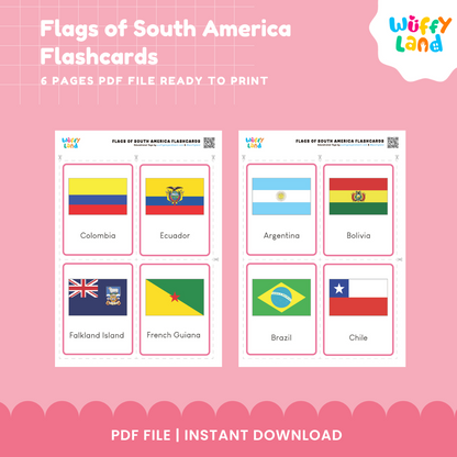 South American countries and flags geography cards featuring Argentina, Bolivia, Chile, Colombia, Peru, Brazil and more
