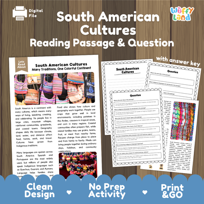 South American Cultures reading comprehension passage and questions printable activity pack with answer key for elementary students