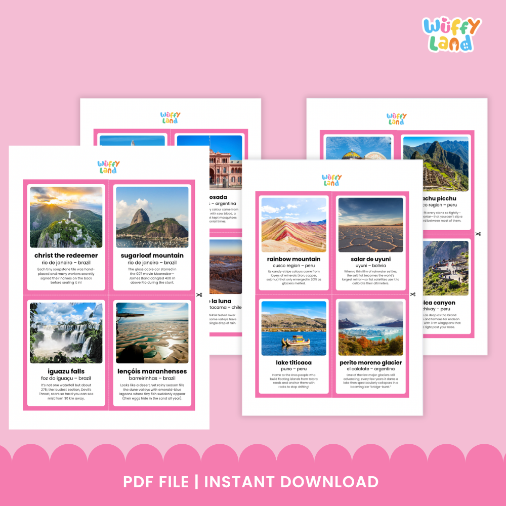 Printable flashcards showing Lake Titicaca and Mount Fitz Roy with location subtitles and educational trivia