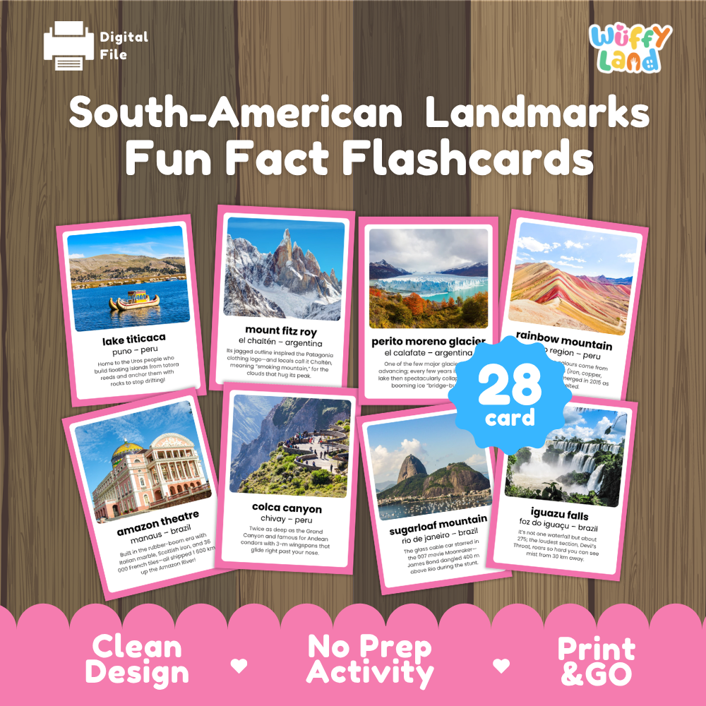South American landmarks fun fact flashcards cover showing 28 cards featuring Lake Titicaca Mount Fitz Roy Perito Moreno Glacier and Iguazu Falls