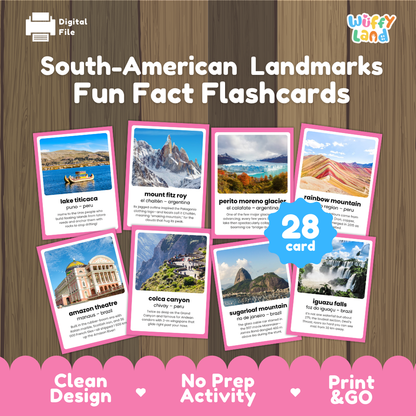 South American landmarks fun fact flashcards cover showing 28 cards featuring Lake Titicaca Mount Fitz Roy Perito Moreno Glacier and Iguazu Falls