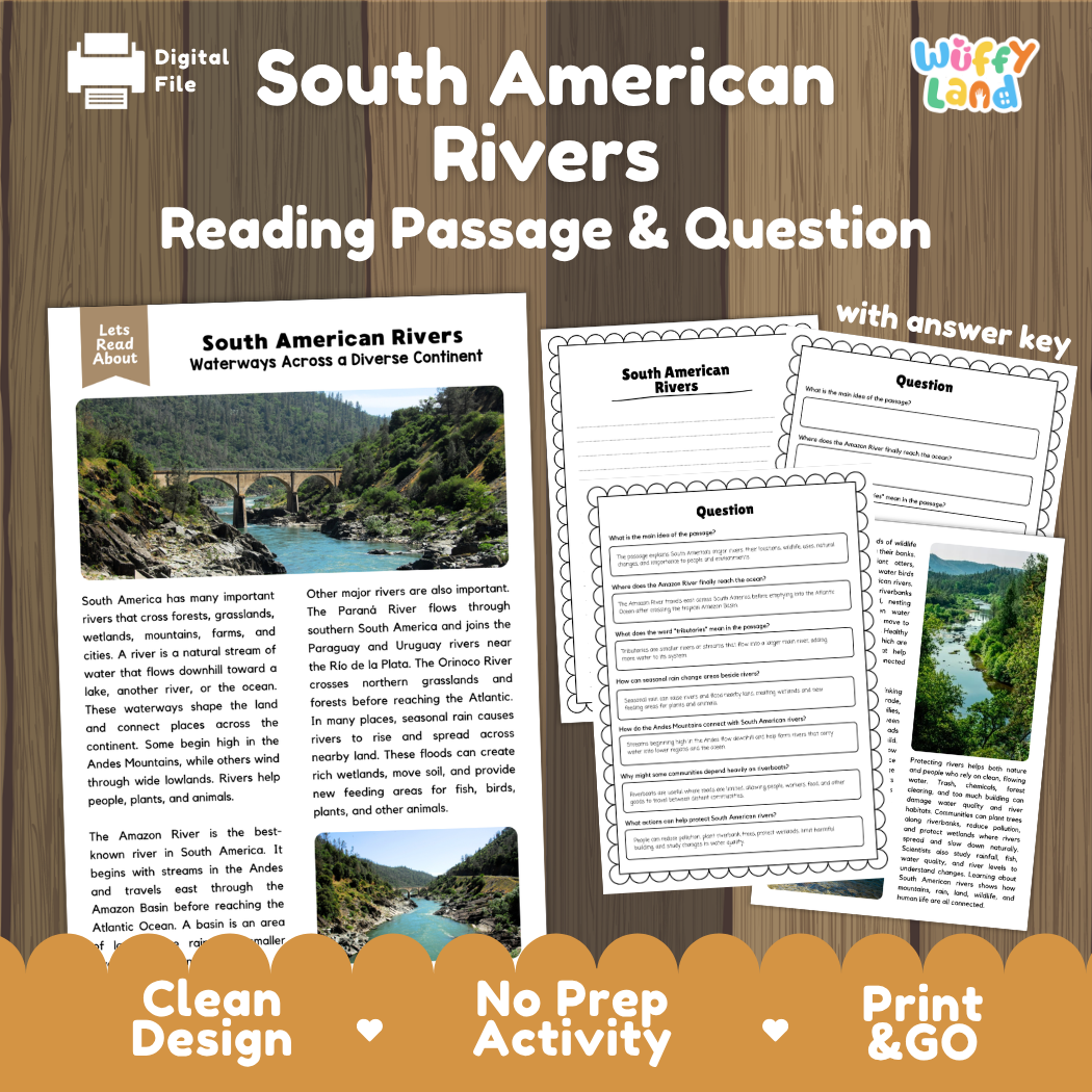 South American Rivers reading comprehension passage and questions printable activity pack with answer key for elementary students