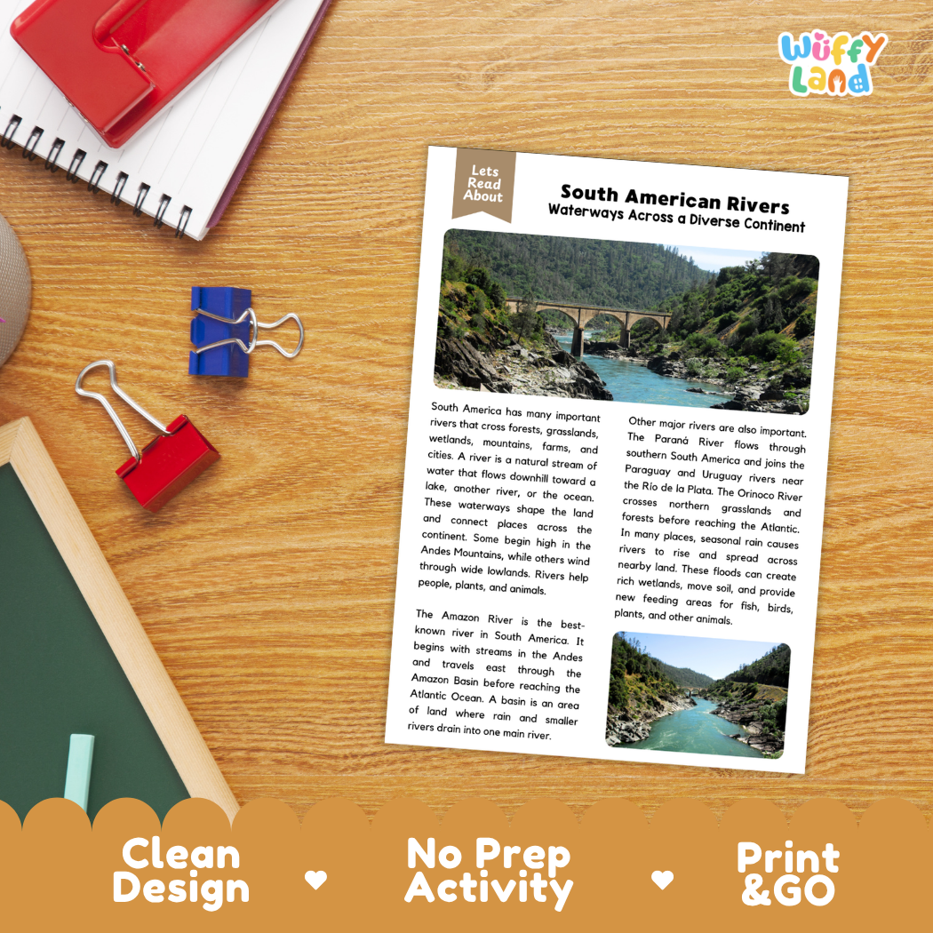 Student reading comprehension worksheet with short-answer questions and lined sections about South American rivers