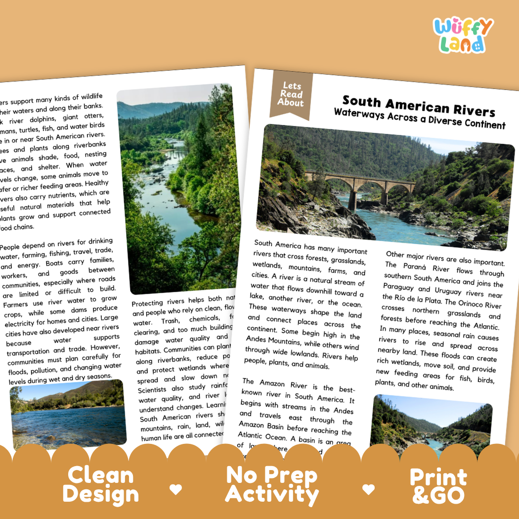 Teacher answer key page showing complete question solutions for South American rivers geography reading comprehension practice