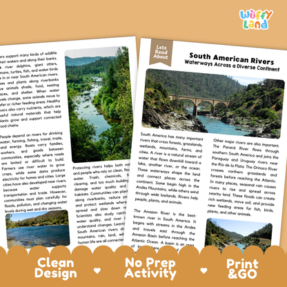 Teacher answer key page showing complete question solutions for South American rivers geography reading comprehension practice