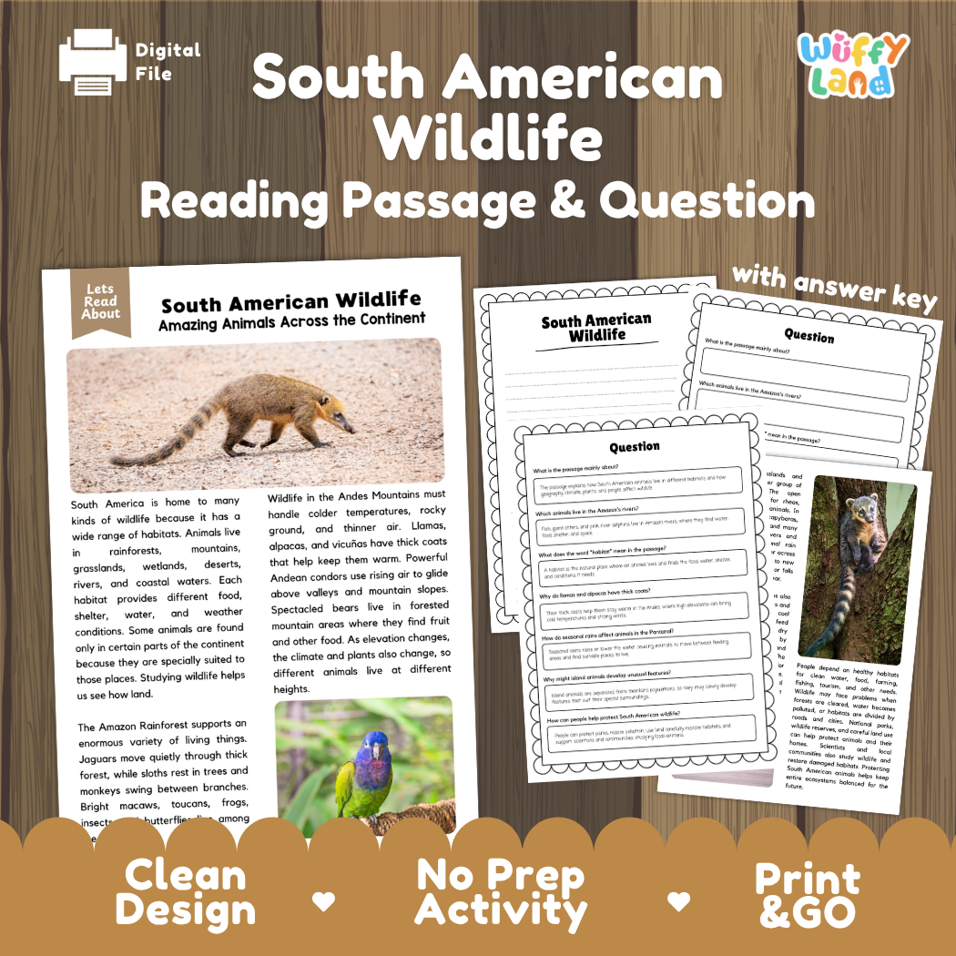 South American Wildlife reading comprehension passage and questions printable activity pack with answer key for elementary students