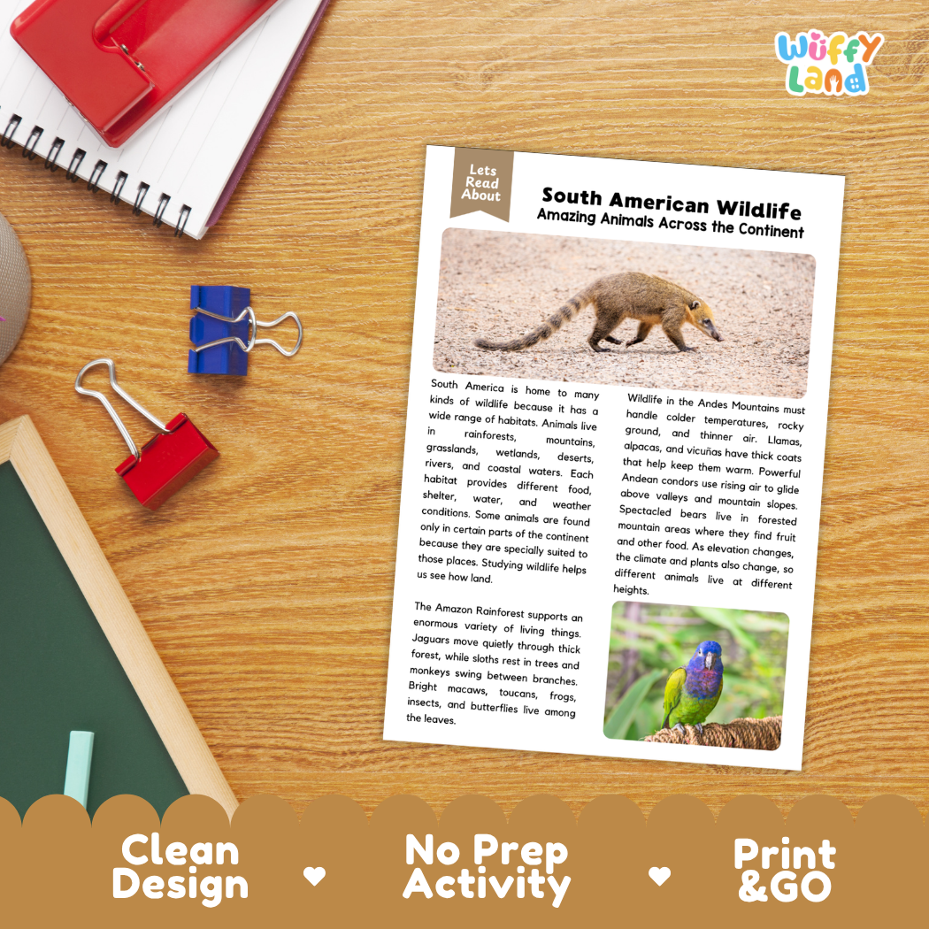 Student reading comprehension worksheet with short-answer questions and lined sections about South American wildlife