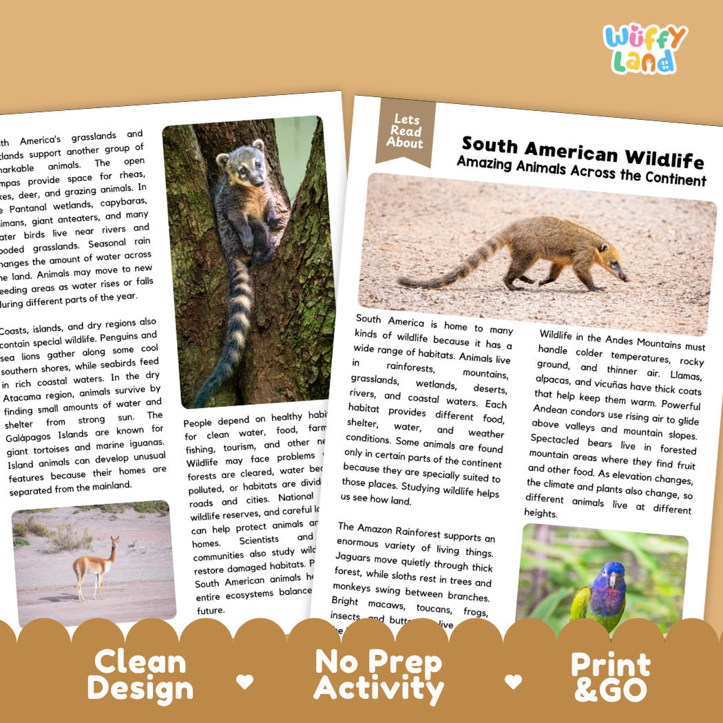 Teacher answer key page showing complete question solutions for South American wildlife science reading comprehension practice