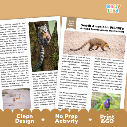 Teacher answer key page showing complete question solutions for South American wildlife science reading comprehension practice