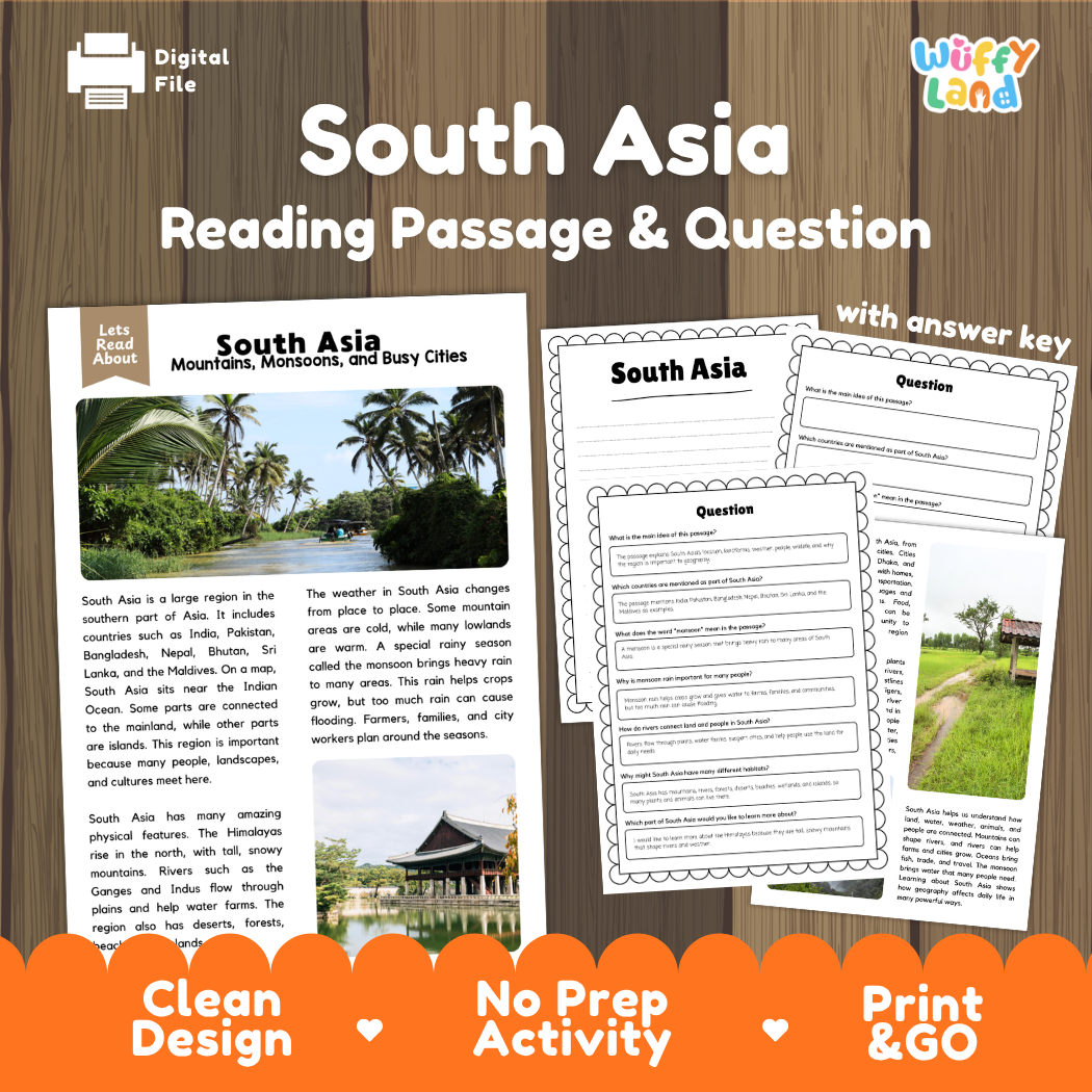 South Asia reading comprehension passage and questions printable activity pack with answer key for elementary students