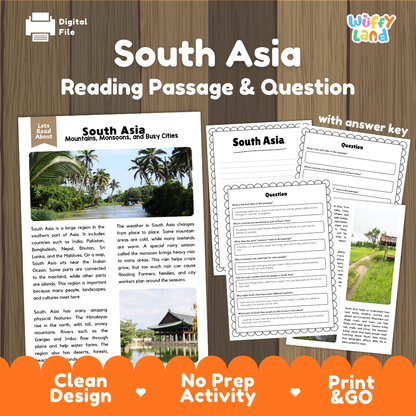 South Asia reading comprehension passage and questions printable activity pack with answer key for elementary students