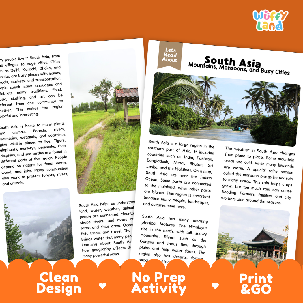 Teacher answer key page showing complete question solutions for South Asia geography and climate reading comprehension practice