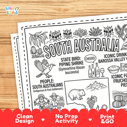 Cultural coloring page featuring Aboriginal boomerangs, Coober Pedy opal cutting, Fruchocs treats, and Cheers greeting