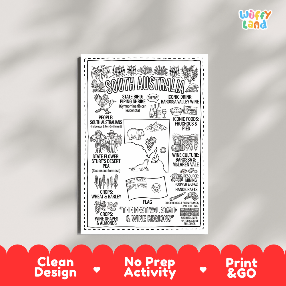 Educational activity coloring page highlighting South Australia Piping Shrike bird, Sturt's Desert Pea flower, and state flag