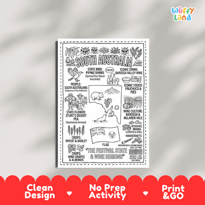 Educational activity coloring page highlighting South Australia Piping Shrike bird, Sturt's Desert Pea flower, and state flag