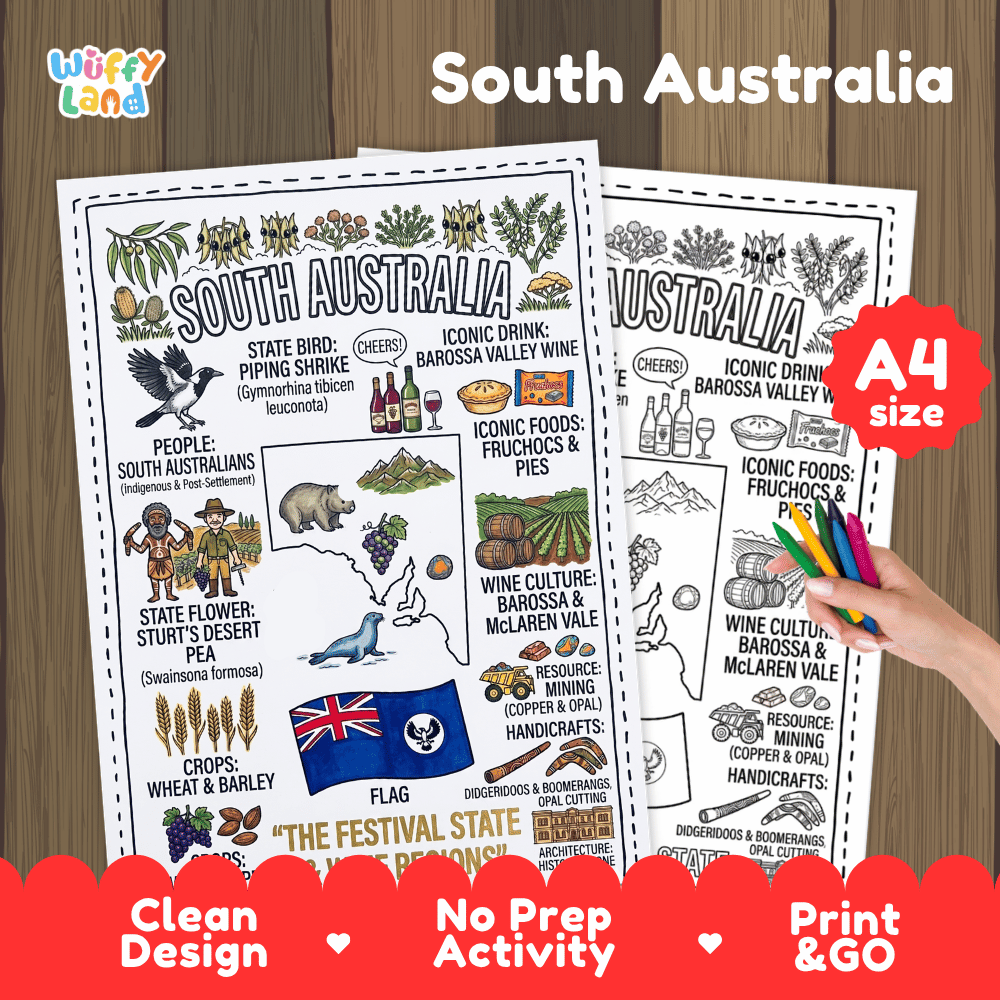 South Australia state study doodle style coloring poster printable page featuring map, Barossa wine, and state emblems