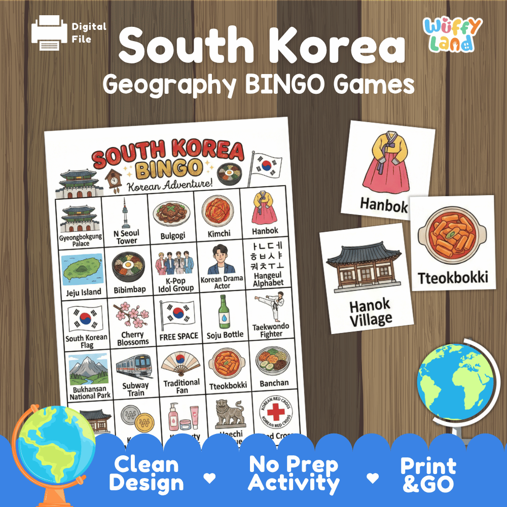 Classroom educational Bingo game cards featuring Gyeongbokgung Palace, bibimbap, Taekwondo fighter, K-Pop, and Hanbok dress 🎲🥢