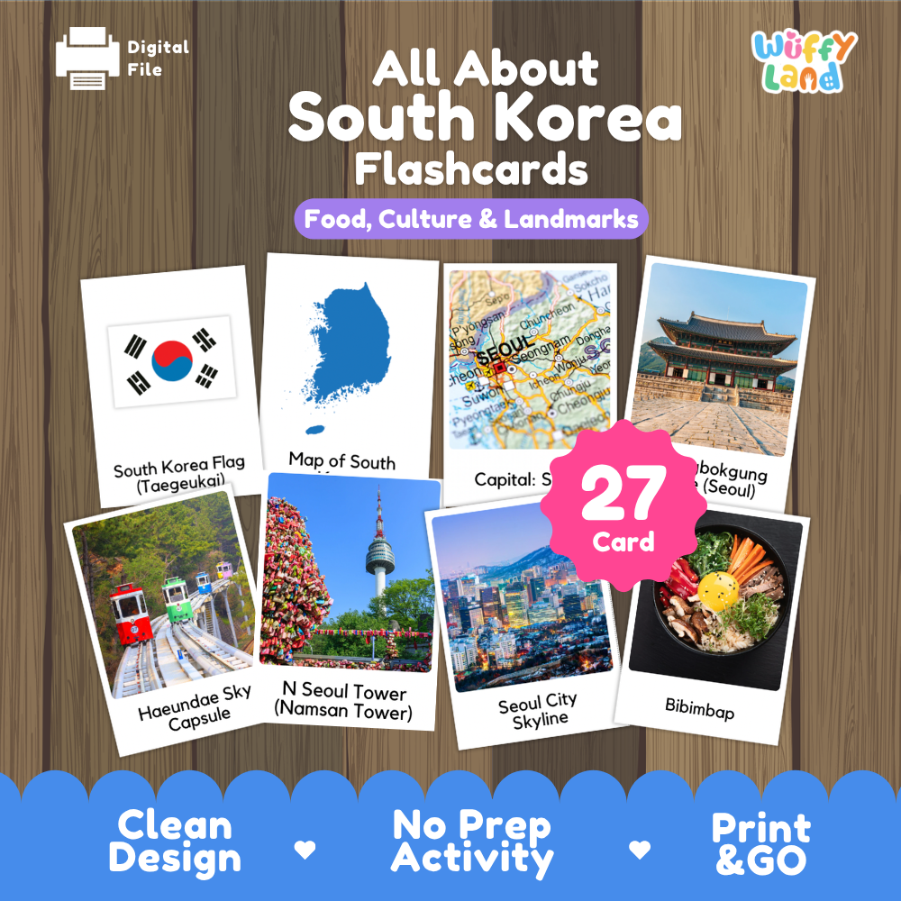Gyeongbokgung Palace walk coloring page paired with real photo flashcards of Haeundae Sky Capsule, N Seoul Tower, and Bibimbap