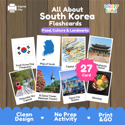 Gyeongbokgung Palace walk coloring page paired with real photo flashcards of Haeundae Sky Capsule, N Seoul Tower, and Bibimbap