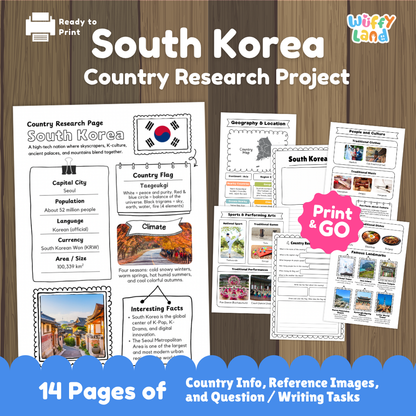 Student country research worksheet on South Korea featuring Taegeukgi flag, Seoul capital facts, four seasons climate, and geography map