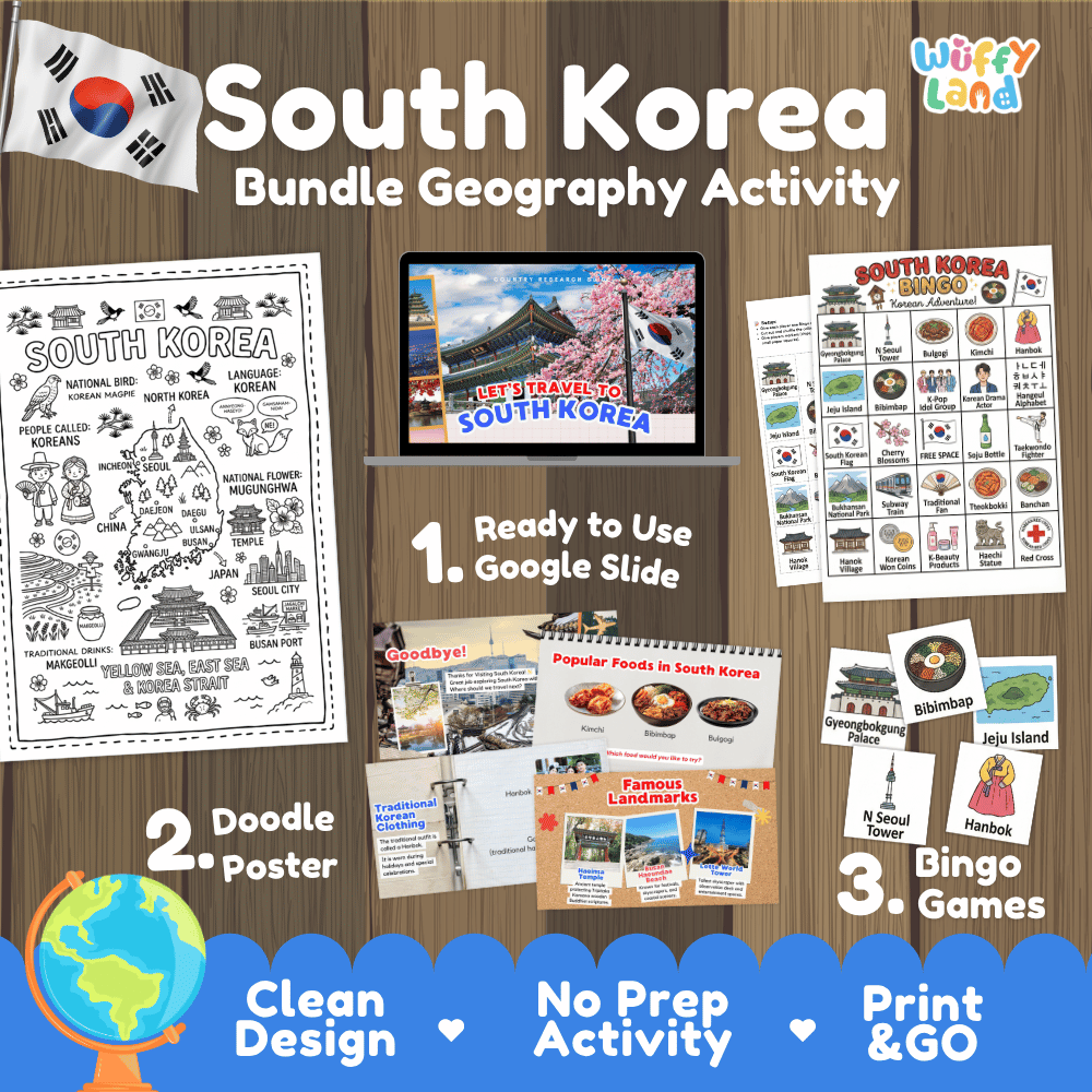 Complete South Korea geography activity bundle featuring Google Slides, doodle coloring poster, and classroom bingo games 🇰🇷🎒