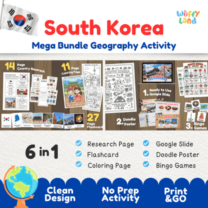 Complete South Korea geography activity bundle featuring Google Slides, doodle coloring poster, and classroom bingo games 🇰🇷🎒