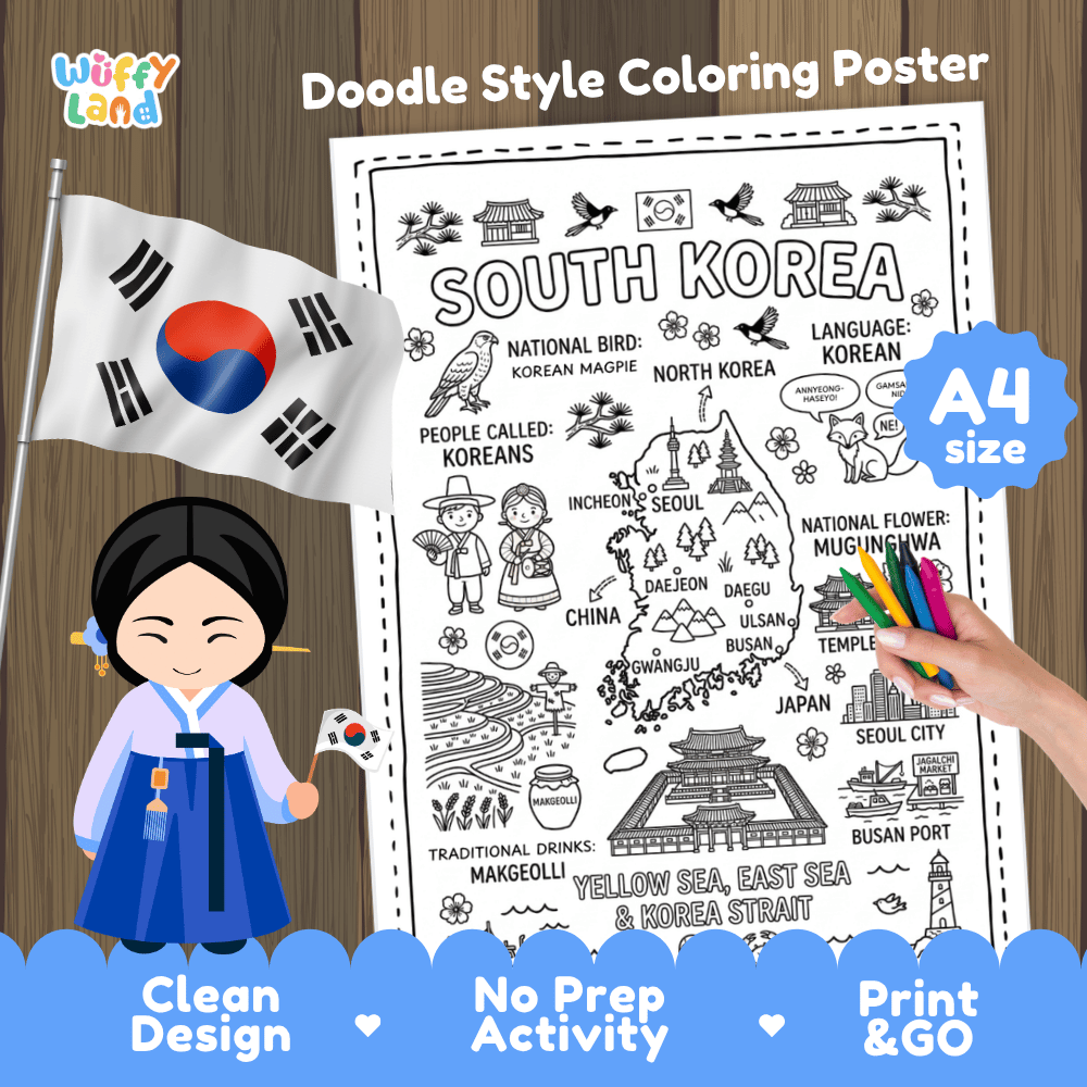 South Korea country study doodle style coloring poster printable page featuring map, landmarks, and cultural symbols
