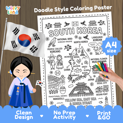 South Korea country study doodle style coloring poster printable page featuring map, landmarks, and cultural symbols