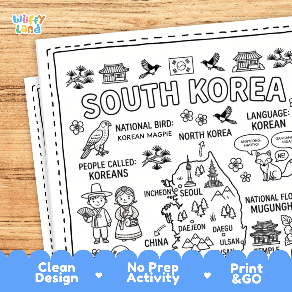 Cultural coloring page featuring traditional Korean hanbok attire, traditional drinks, temples, and Korean greeting speech bubbles