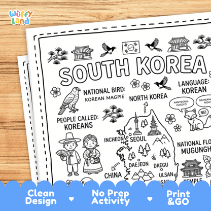 Cultural coloring page featuring traditional Korean hanbok attire, traditional drinks, temples, and Korean greeting speech bubbles