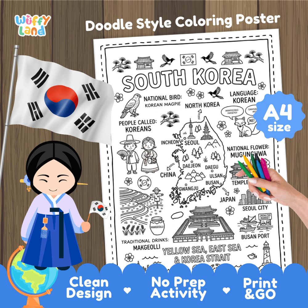 Printable A4 doodle coloring poster highlighting South Korea map, Korean magpie, Mugunghwa flower, and Seoul landmarks 🎨🌸